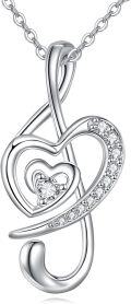 wholesale 925 Sterling Silver Heart Treble Clef Musical Notes Cubic Zirconia Pendant Necklaces s for Women Girls 45cm Chain Length (Silver)-0-0