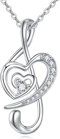 wholesale 925 Sterling Silver Heart Treble Clef Musical Notes Cubic Zirconia Pendant Necklaces s for Women Girls 45cm Chain Length (Silver)-Musical Note Necklace