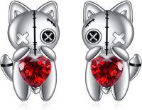 wholesale 925 Sterling Silver Gothic Cat Stud Earrings with Red Heart Stone Witchy Jewelry for Women-Voodoo Cat