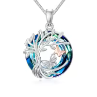 TOUPOP Sterling Silver Blue Crystal Tree Of Life Butterfly Pendant Necklace-undefined