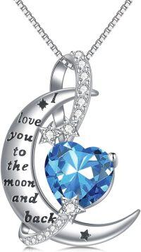 wholesale 925 Sterling Silver Birthstone Love You to the Moon Heart Necklace-12-December-Topaz