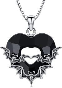 wholesale 925 Sterling Silver Heart-Shaped Bat Design Black Crystal Gothic Pendant Necklace-Bat