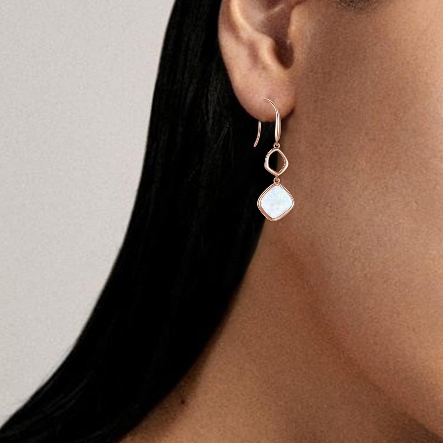 Sterling Silver White Opal Rose Gold Plated Dangle Earrings October Birthstone-0-4