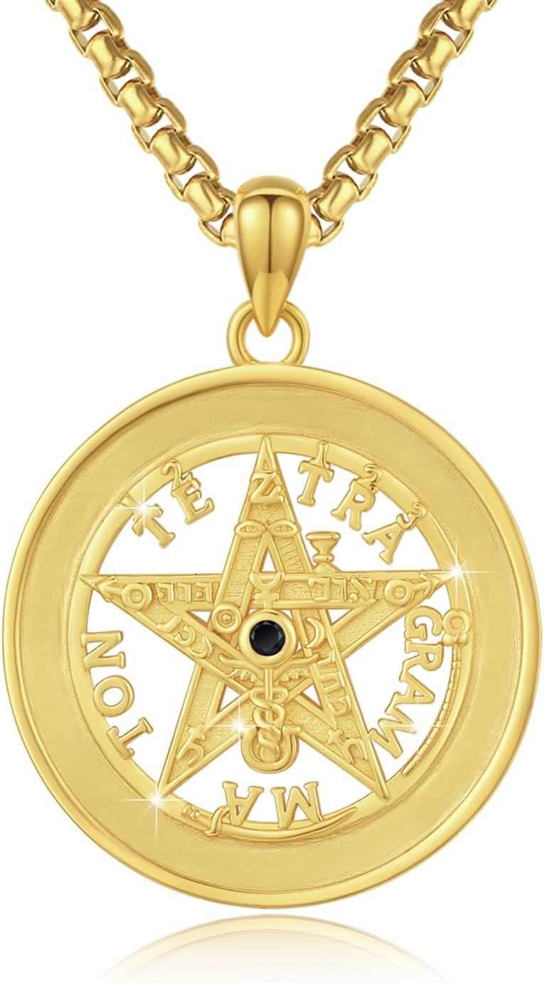 Sterling Silver Gold Black Silver Abalone Shell Pentagram Necklace Tetragrammaton Pendant Protection Star Amulet Jewelry for Men Women-Gold