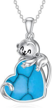 wholesale 925 Sterling Silver Heart-Shaped Turquoise and Amethyst Monkey Pendant Necklace-Turquoise