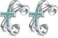 wholesale  925 Sterling Silver & Turquoise Cross Ear Cuff Non-Pierced Cartilage Clip-On Helix Earrings for Women Faith Fashion Jewelry Gift-Silver-Turquoise