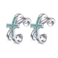wholesale  925 Sterling Silver & Turquoise Cross Ear Cuff Non-Pierced Cartilage Clip-On Helix Earrings Wholesale for Women Faith Fashion Jewelry Gift-Silver-Turquoise