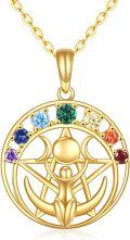 wholesale 14K Gold Rainbow Gemstone Triple Moon Goddess Pendant Necklace-0-0