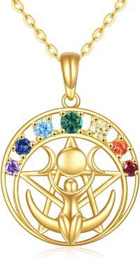 wholesale 14K Gold Rainbow Gemstone Triple Moon Goddess Pendant Necklace-Triple Moon Goddess Necklace