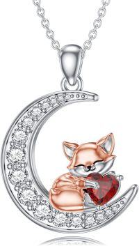 wholesale Metal Stone Fox Moon Pendant Necklace Birthstone Gift for Women-January