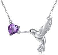 wholesale 925 Sterling Silver Purple Amethyst Hummingbird Pendant Necklace for Women-Heart