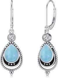 wholesale 925 Sterling Silver Larimar & White Zircon Art Deco Infinity Drop Earrings, 35x12mm-Larimar 2