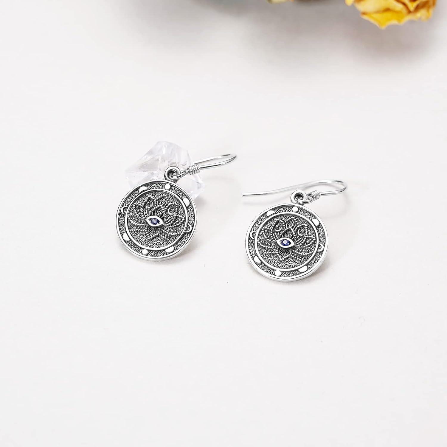 925 Sterling Silver Round Lotus Flower Evil Eye Dangle Drop Earrings s for Women Girls-0-4
