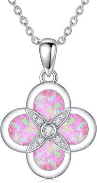 wholesale 925 Sterling Silver Pink Fire Opal & White Topaz Four-Leaf Clover Necklace-Opal