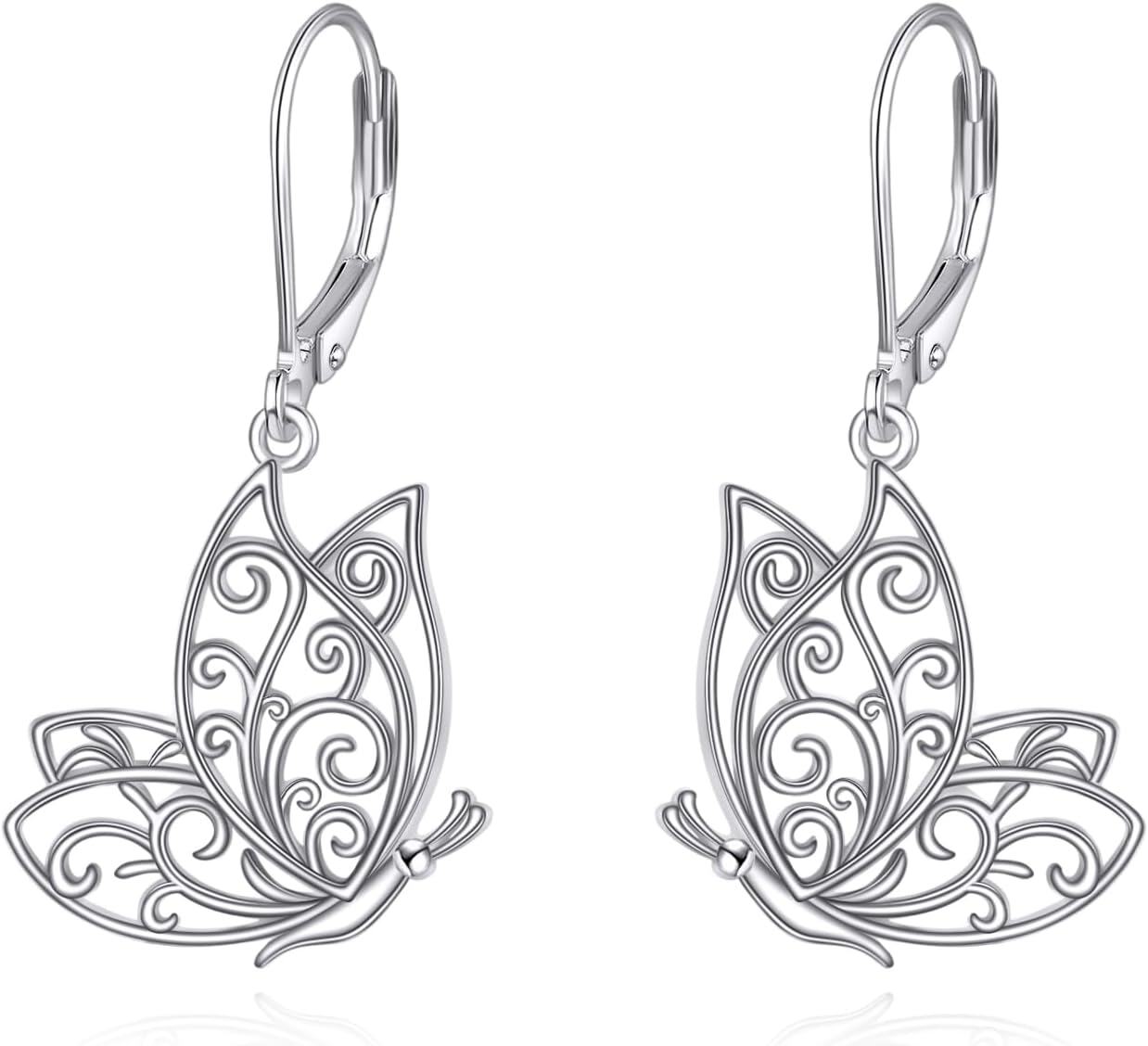 Sterling Silver Owl Dragonfly Butterfly Black Cat Hummingbird Dangle Earrings-Butterfly Earrings