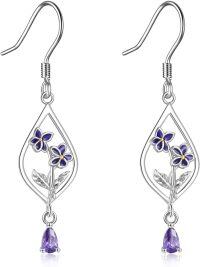 wholesale 925 Sterling Silver Daisy Rose Flower Drop Dangle Earrings Birthflower Jewelry Gift for Women Girls-02-February-Violet