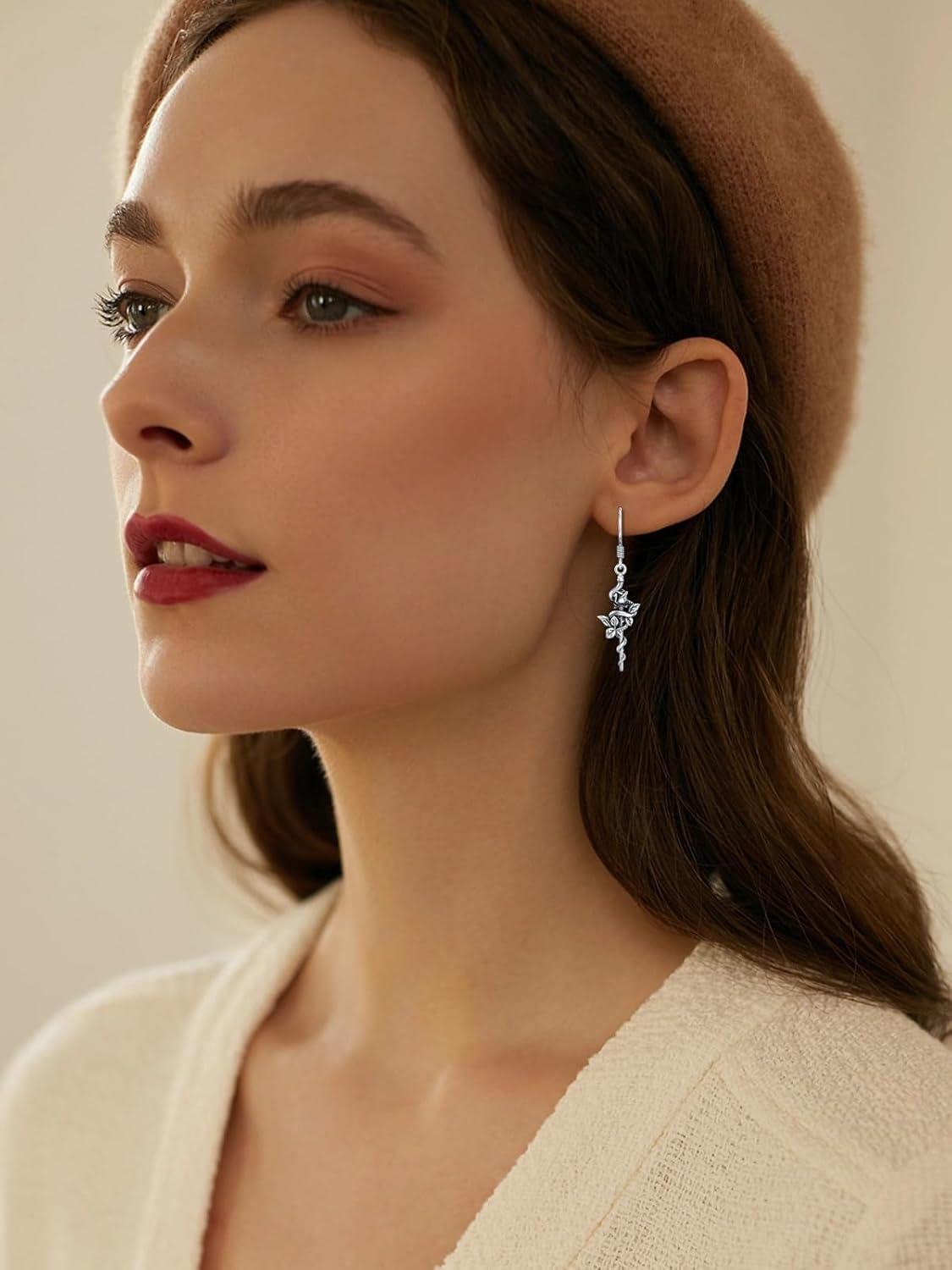 925 Sterling Silver Rose Vine Drop Earrings-0-2