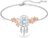 wholesale 925 Sterling Silver Moonstone Floral Dreamcatcher Adjustable Bracelet (7+2 in) - Boho  for Women-D2-Moonstone silver (rose gold flower)