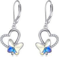 wholesale 925 Sterling Silver Heart-Shaped Pink Crystal Butterfly Drop Earrings for Women-aurora
