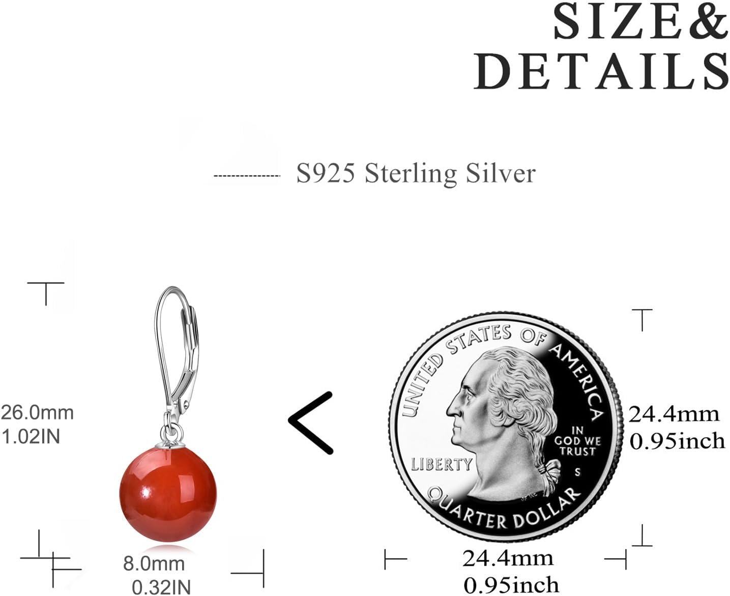 925 Sterling Silver Carnelian Round Ball Leverback Dangle Drop Earrings for Women-0-3