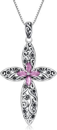 wholesale Sterling Silver 12 Birthstone Faith Cross Pendant Necklace for Women-Pink Tourmaline
