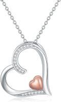 wholesale 925 Sterling Silver with Rose Gold and White Diamonds Double Heart Pendant Necklace for Women - F-G-I1/I2 Clarity-0-0