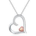 wholesale 925 Sterling Silver with Rose Gold and White Diamonds Double Heart Pendant Necklace for Women - F-G-I1/I2 Clarity-0-0