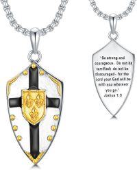 wholesale Sterling Silver Knights Templar Shield Pendant Necklace with Cross Joshua 1 9 Verse Unisex-White Gold Plated-Black