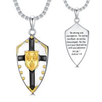 wholesale 925 Sterling Silver Knight's Templar Shield Pendant Necklace w/ Gold Accents & Bible Verse - Joshua 1:9-White Gold Plated-Black
