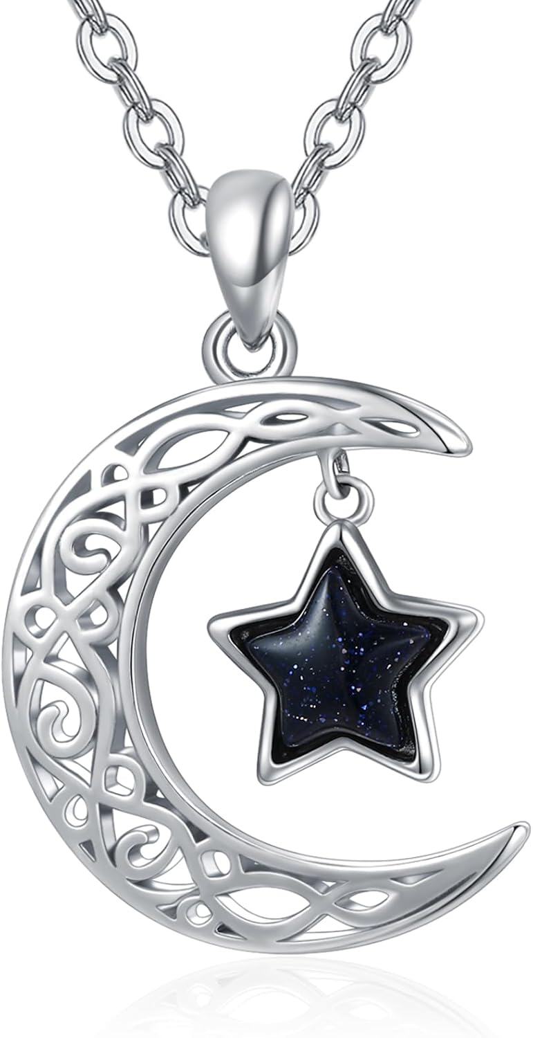 Sterling Silver Moon Star Necklace Celestial Pendant for Women-Sandstone Moon Star