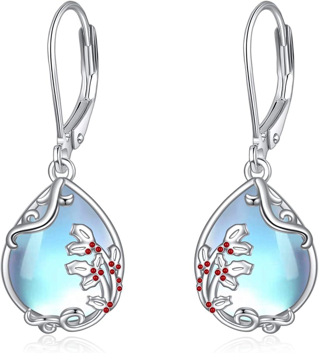 wholesale 925 Sterling Silver Blue Moonstone Birth Flower Filigree Teardrop Dangle Leverback Earrings-0-0