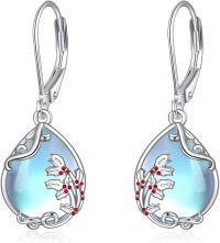 wholesale 925 Sterling Silver Blue Moonstone Birth Flower Filigree Teardrop Dangle Leverback Earrings-12-Holly