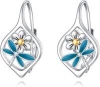 wholesale 925 Sterling Silver Blue Enamel Daisy & Dragonfly Drop Earrings Floral s for Women Girls-Dragonfly