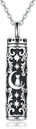 wholesale 925 Sterling Silver Black Enamel Cat Moon Star Cremation Urn Keepsake Memorial Ashes Holder Locket Pendant Necklace s for Women Mom Sisters-0-0