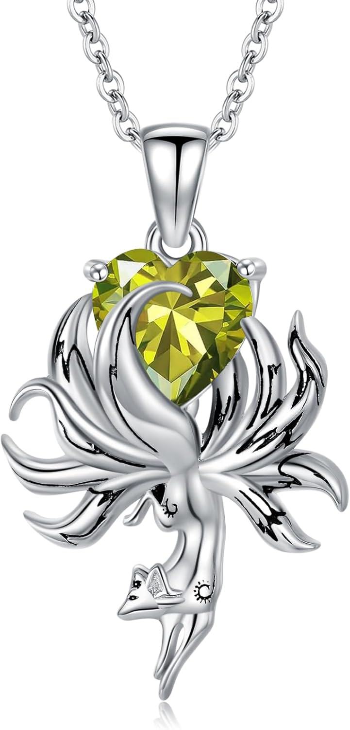 Sterling Silver Fox Pendant Necklace w Birthstone Women s Jewelry Gift-08-August