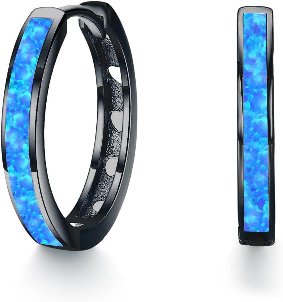 Sterling Silver Simulated Opal Hoop Earrings for Women Hypoallergenic Huggie Hinged Hoops Colorful Jewelry Gift-20mm Black Glod Blue-20