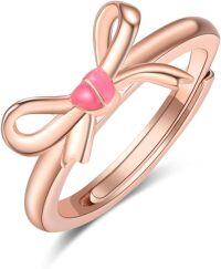 wholesale Rose Gold 925 Sterling Silver Pink Enamel Bow Knot Adjustable Ring for Women-Bow