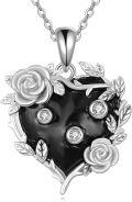 wholesale 925 Sterling Silver Black Enamel Flower Heart Keepsake Pendant with Chain-0-0