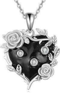 wholesale 925 Sterling Silver Black Enamel Flower Heart Keepsake Pendant with Chain-Rose Black Heart