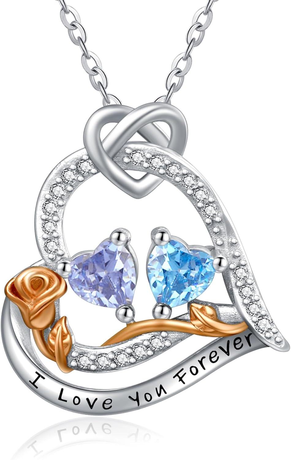  Sterling Silver 2 Birthstones Rose Heart Necklace for Women -06-12-Jun-Dec