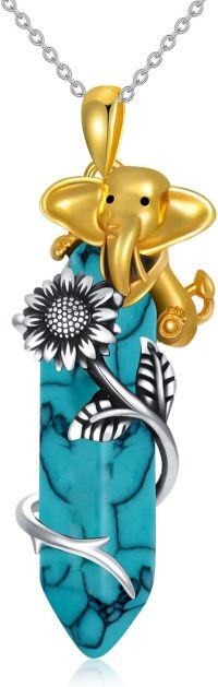 wholesale 925 Sterling Silver Turquoise Stone Elephant Pendant Sunflower Charm Necklaces for Women and Girls-Turquoise