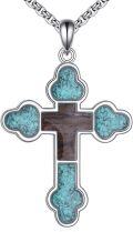 wholesale 925 Sterling Silver 925 Cross with Turquoise Stones and Wooden Inlay Pendant Necklace -0-0