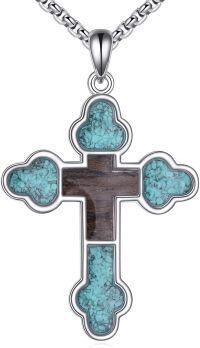 wholesale 925 Sterling Silver 925 Cross with Turquoise Stones and Wooden Inlay Pendant Necklace -Turquoise Cross