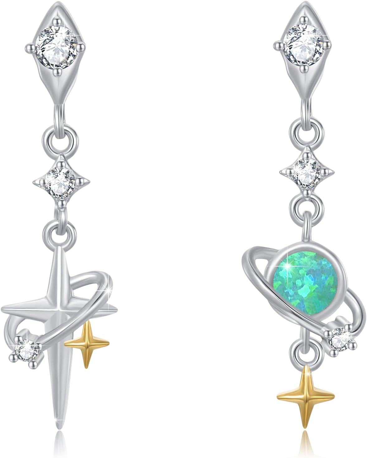 Sterling Silver Moonstone Birthstone Opal Star Planet Panda Whale Heart Earrings for Women -Stars and Planets Earrings - Green Opal