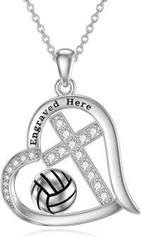 wholesale 925 Sterling Silver Engraved Volleyball Heart Cross Pendant Necklace for Women-Customized Volleyball Necklace-Volleyball