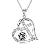 wholesale 925 Sterling Silver Engraved Volleyball Heart Cross Pendant Necklace for Women-Customized Volleyball Necklace-Volleyball