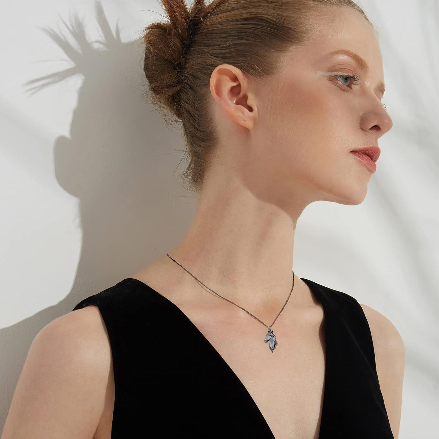 925 Sterling Silver Black Plated Horse Head with Clear CZ Stone Pendant Necklace for Women and Girls-0-3