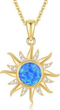 wholesale 14K Gold Blue Opal Sun Necklace with Moissanite, 16-18 Adjustable Chain-