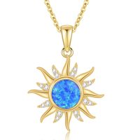 wholesale 14K Gold Blue Opal Sun Necklace with Moissanite, 16-18 Adjustable Chain-undefined