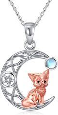 wholesale 925 Sterling Silver Rose Gold Cat on Crescent Moon with Blue Stone and Pentagram Necklace-0-0